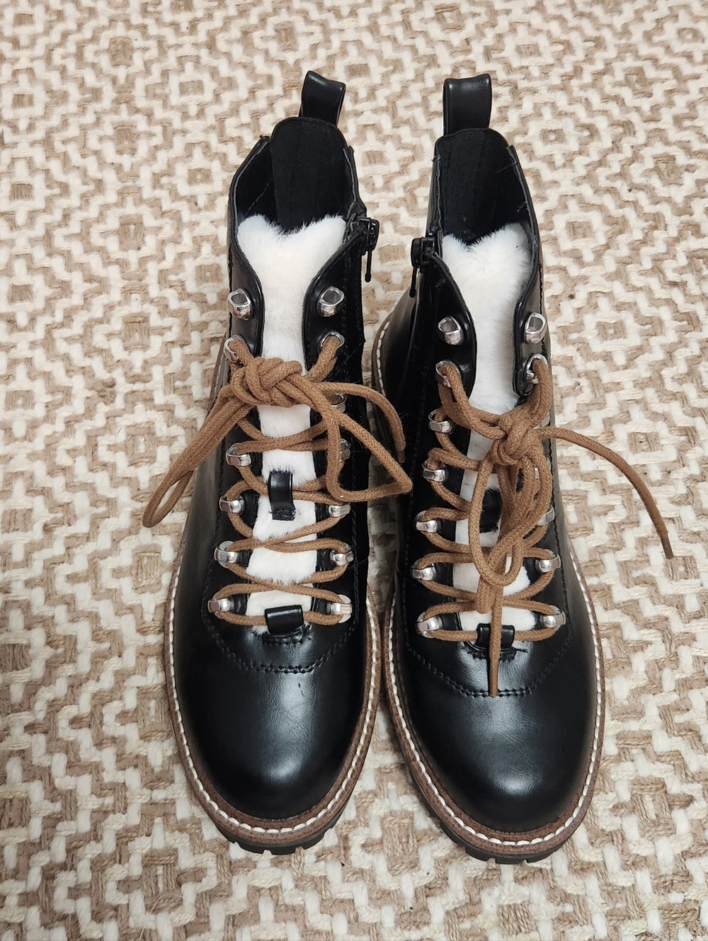 Black Leather Lace-Up Ankle Boots with Shearling Trim